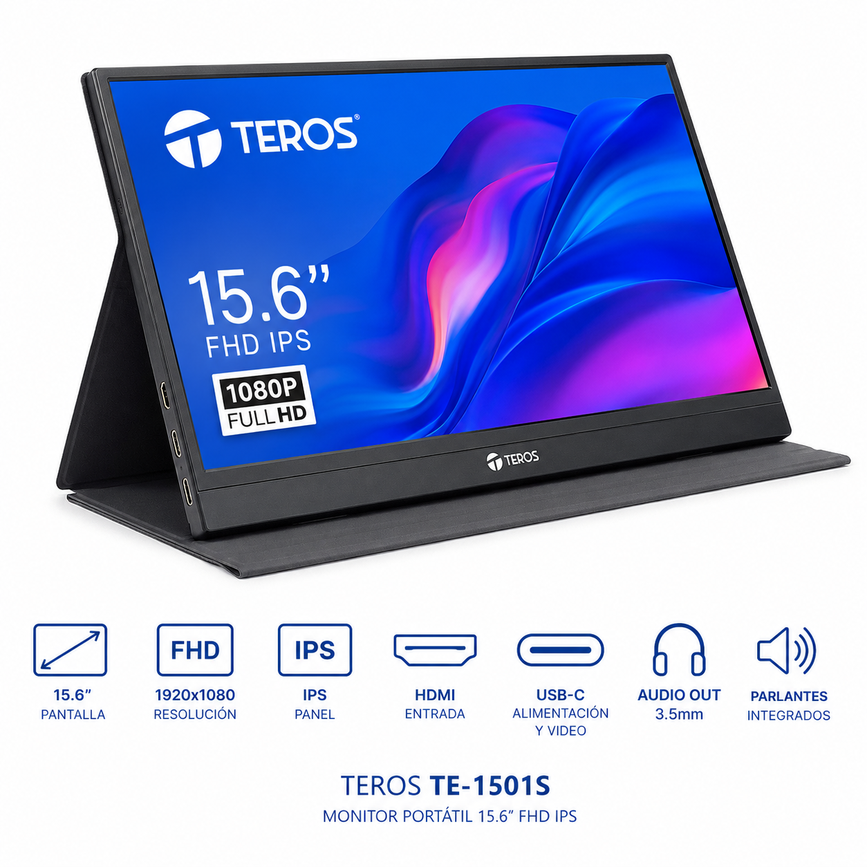Monitor portátil TEROS TE-1501S, 15.6" FHD IPS, HDMI, USB-C, Audio out, Parlantes